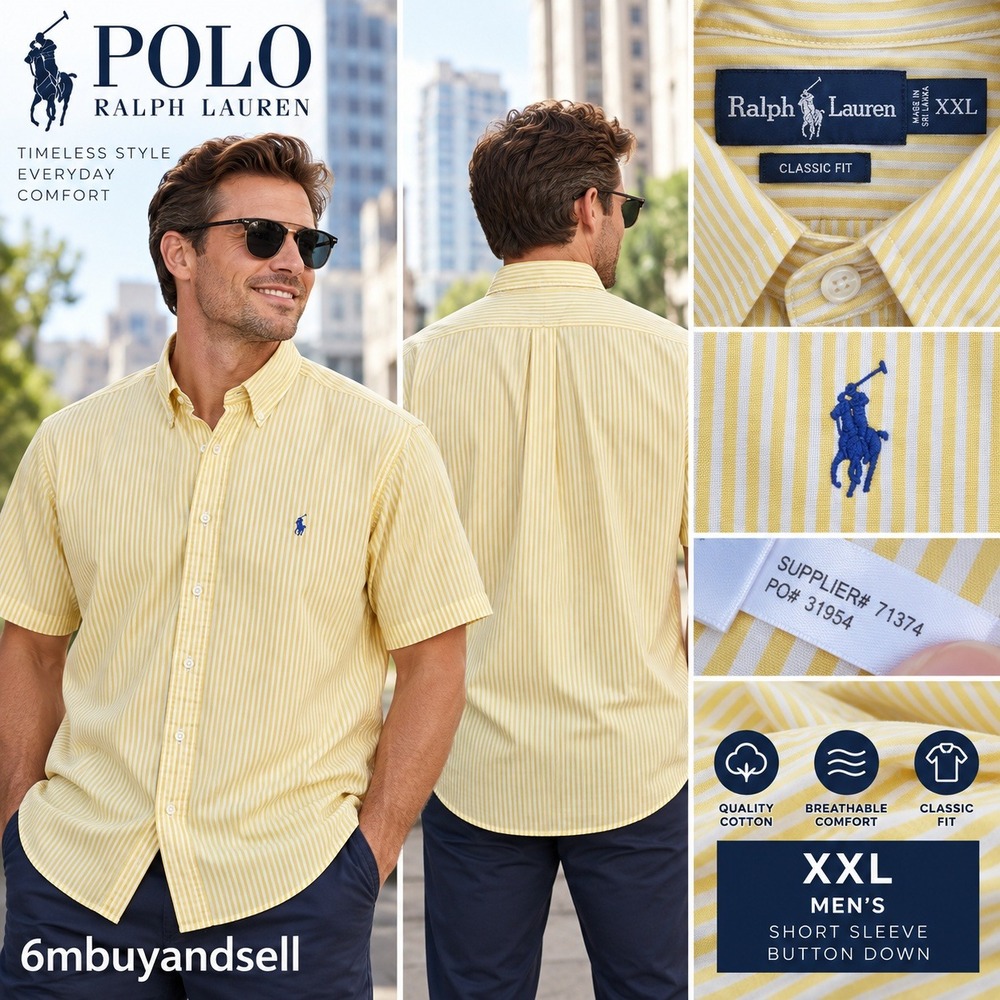 Ralph Lauren Mens XXL Yellow White Striped Short Sleeve Button Down Shirt